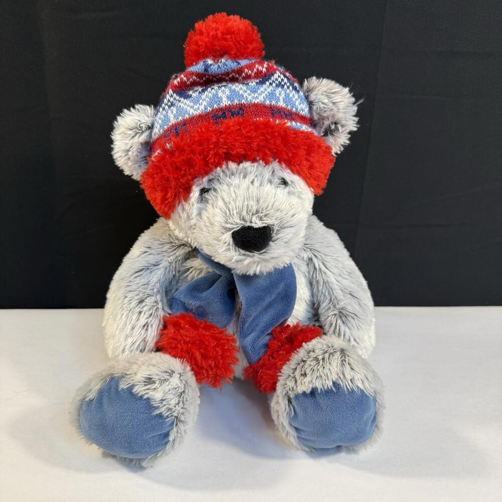 Gentle Treasures Plush 18" Gray Teddy Bear Stuffed Animal in Winter Scarf & Hat